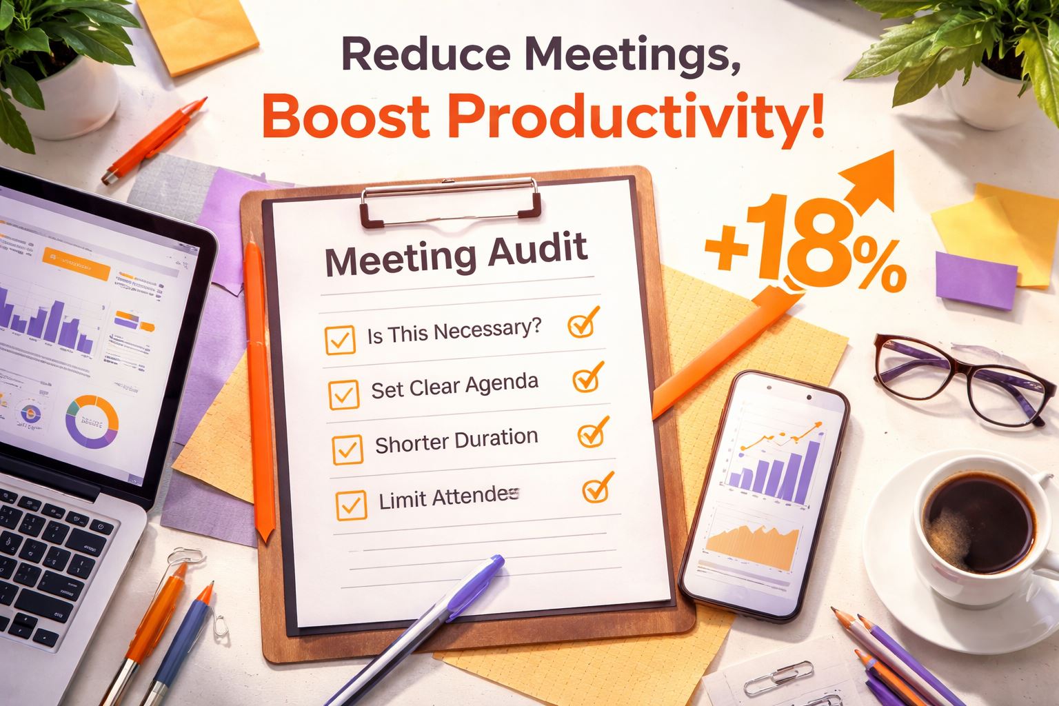 Ilustrasi audit meeting di meja kerja modern yang menunjukkan cara mengurangi meeting untuk menaikkan produktivitas kerja hingga 18% melalui checklist efektif dan berbasis data.