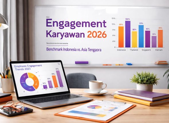 Ilustrasi visual engagement karyawan tren 2026 yang menampilkan analisis data dan benchmark Indonesia dibanding Asia Tenggara dalam konteks dunia kerja modern.