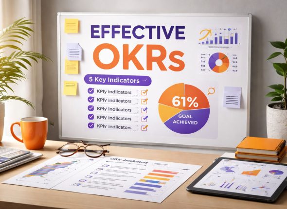 “Visual OKR efektif sederhana: dashboard target tim dengan 5 indikator inti beraksen orange–ungu dan hasil 61% tercapai.”