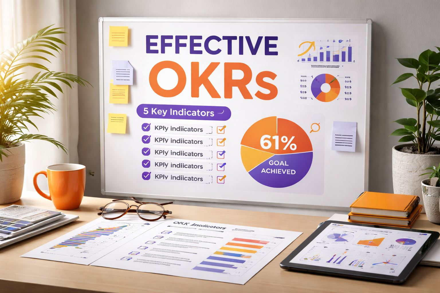 “Visual OKR efektif sederhana: dashboard target tim dengan 5 indikator inti beraksen orange–ungu dan hasil 61% tercapai.”