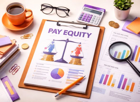 Keadilan upah (pay equity) ditampilkan lewat flat lay profesional: laporan “Pay Equity”, grafik rasio upah, kalkulator, dan koin dengan aksen ungu–oranye untuk memetakan risiko retensi.