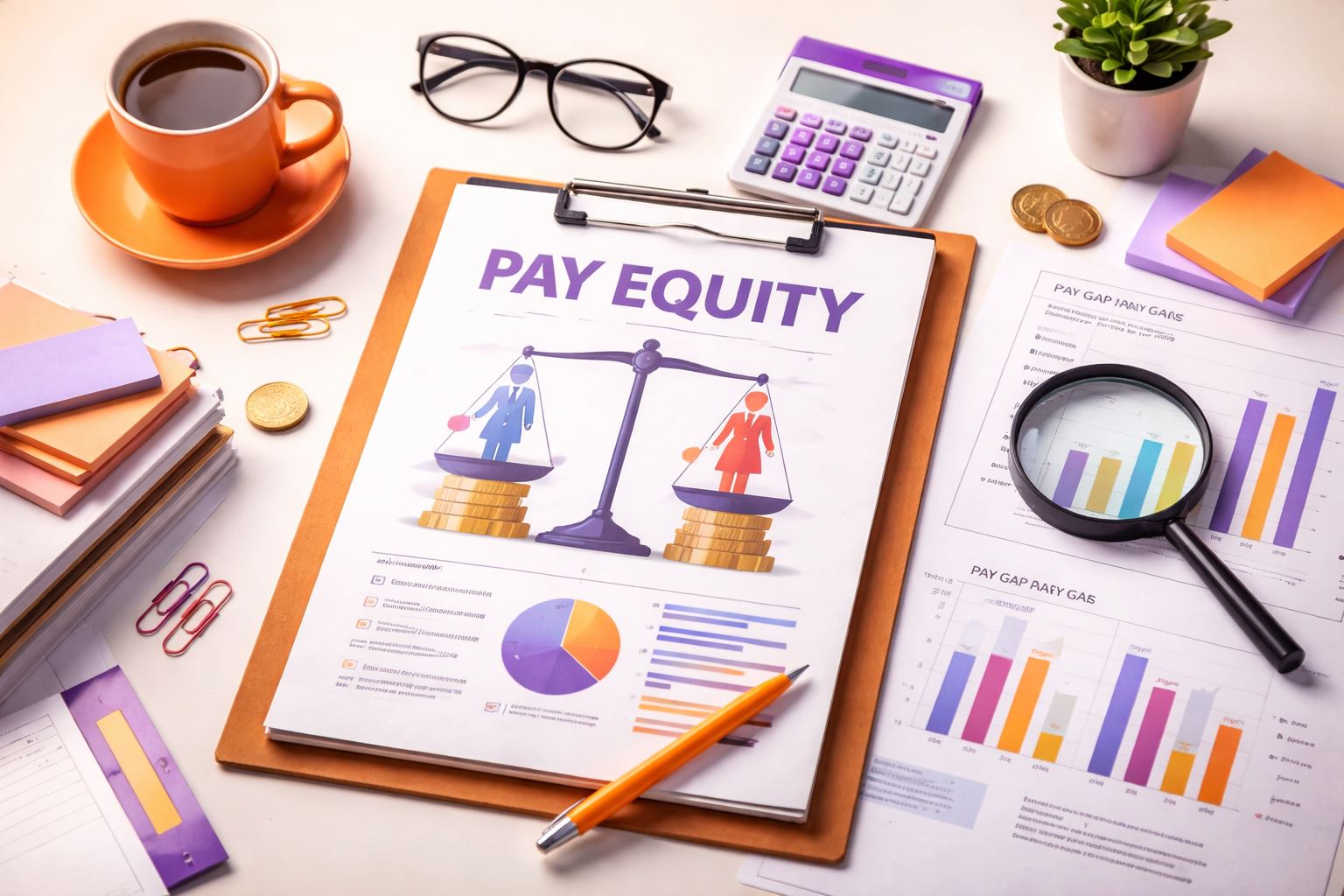Keadilan upah (pay equity) ditampilkan lewat flat lay profesional: laporan “Pay Equity”, grafik rasio upah, kalkulator, dan koin dengan aksen ungu–oranye untuk memetakan risiko retensi.