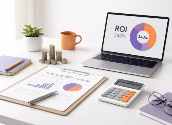 Workspace minimalis untuk analisis beban kerja efisien: laptop dengan dashboard produktivitas, aksen warna orange–maroon, pencahayaan lembut, suasana profesional tanpa objek manusia.