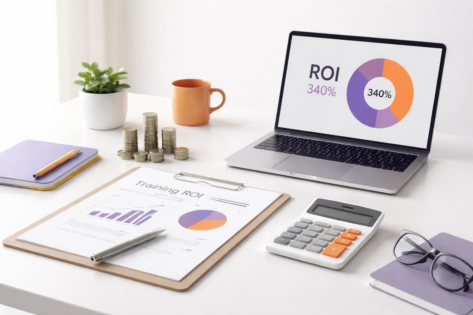 Workspace minimalis untuk analisis beban kerja efisien: laptop dengan dashboard produktivitas, aksen warna orange–maroon, pencahayaan lembut, suasana profesional tanpa objek manusia.