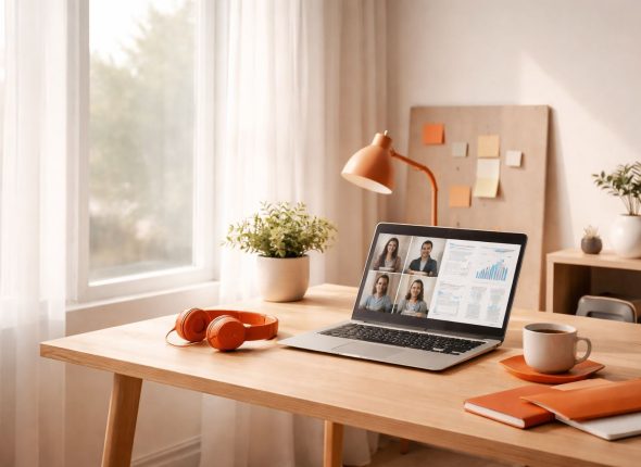 Hybrid work kurangi burnout: ruang kerja minimalis bernuansa oranye–maroon dengan pencahayaan lembut untuk mendukung fokus dan ritme kerja sehat.