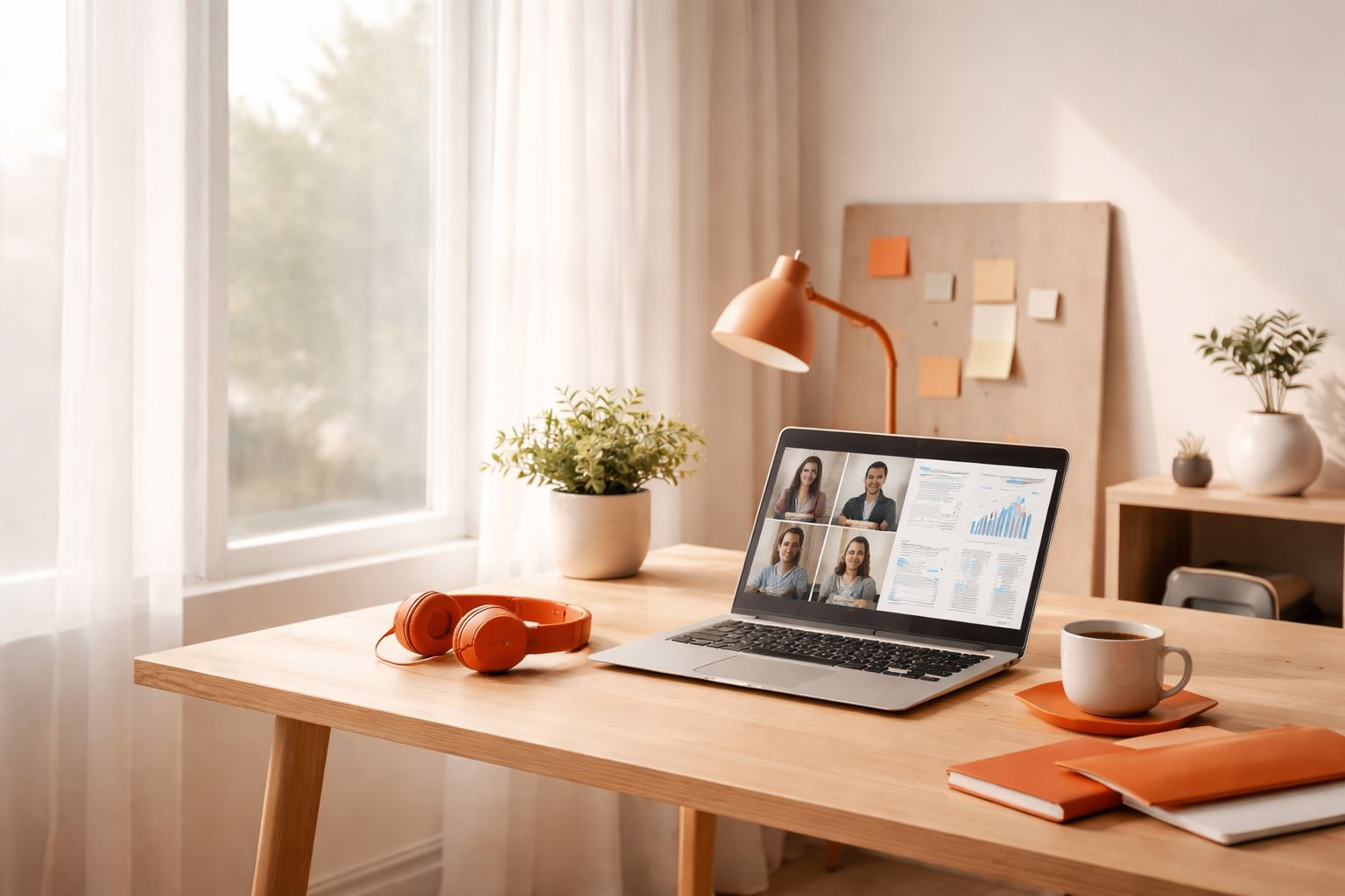 Hybrid work kurangi burnout: ruang kerja minimalis bernuansa oranye–maroon dengan pencahayaan lembut untuk mendukung fokus dan ritme kerja sehat.