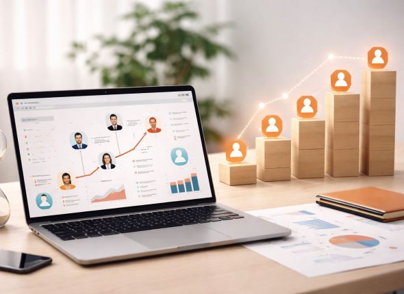 Ilustrasi minimalist talent pipeline suksesi data: dashboard analitik suksesi di laptop dengan grafik naik dan blok bertingkat beraksen orange–maroon, menggambarkan percepatan promosi manajer.