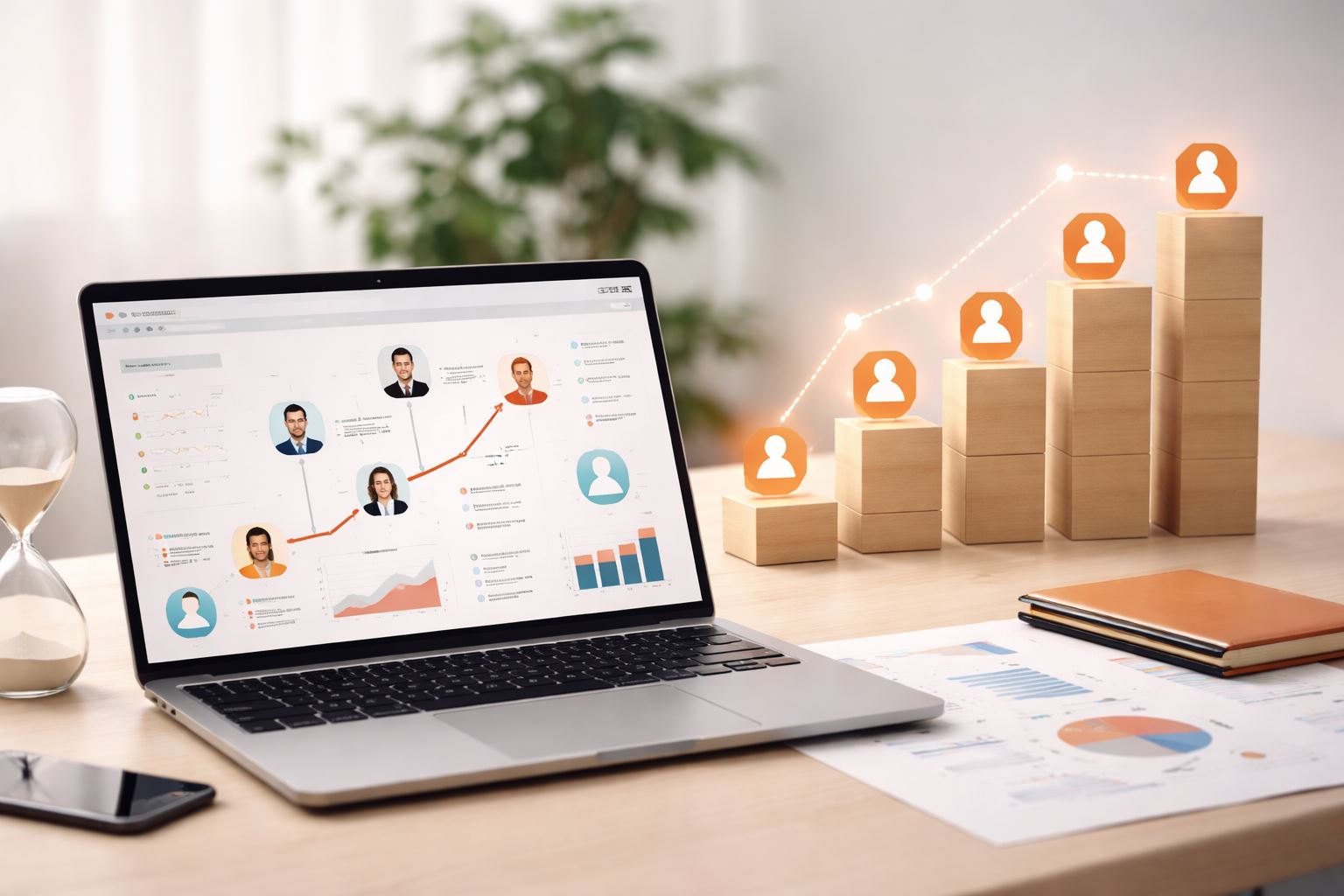 Ilustrasi minimalist talent pipeline suksesi data: dashboard analitik suksesi di laptop dengan grafik naik dan blok bertingkat beraksen orange–maroon, menggambarkan percepatan promosi manajer.