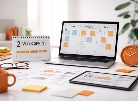 Agile HR percepat deliverable: sprint dua minggu di meja kerja minimalis dengan kanban digital dan data HR untuk memangkas lead time proyek.