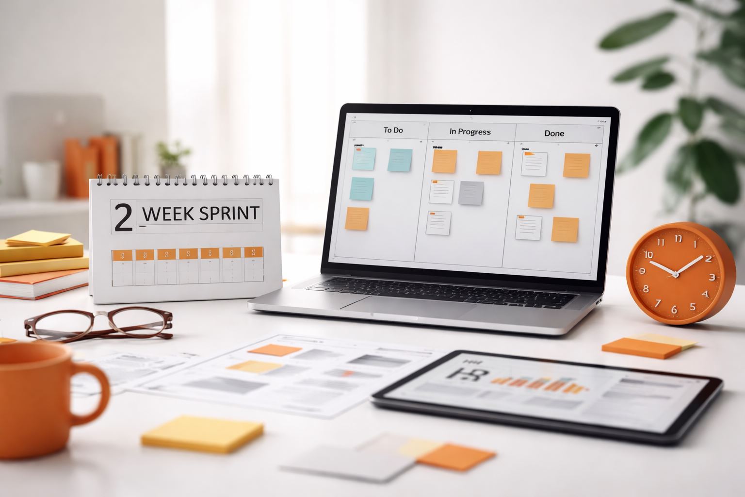 Agile HR percepat deliverable: sprint dua minggu di meja kerja minimalis dengan kanban digital dan data HR untuk memangkas lead time proyek.
