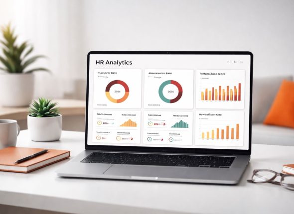 Dashboard HR metrik penting di layar laptop—visual turnover, absensi, dan kinerja untuk keputusan besar berbasis data.