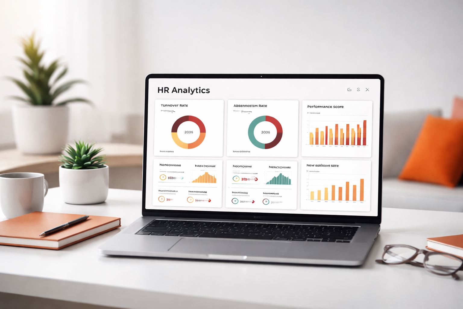 Dashboard HR metrik penting di layar laptop—visual turnover, absensi, dan kinerja untuk keputusan besar berbasis data.