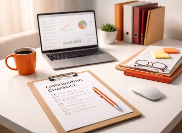 Onboarding percepat produktivitas karyawan: workspace minimalis dengan checklist onboarding, laptop analitik, dan folder aksen orange–maroon untuk mempercepat time-to-effectiveness.