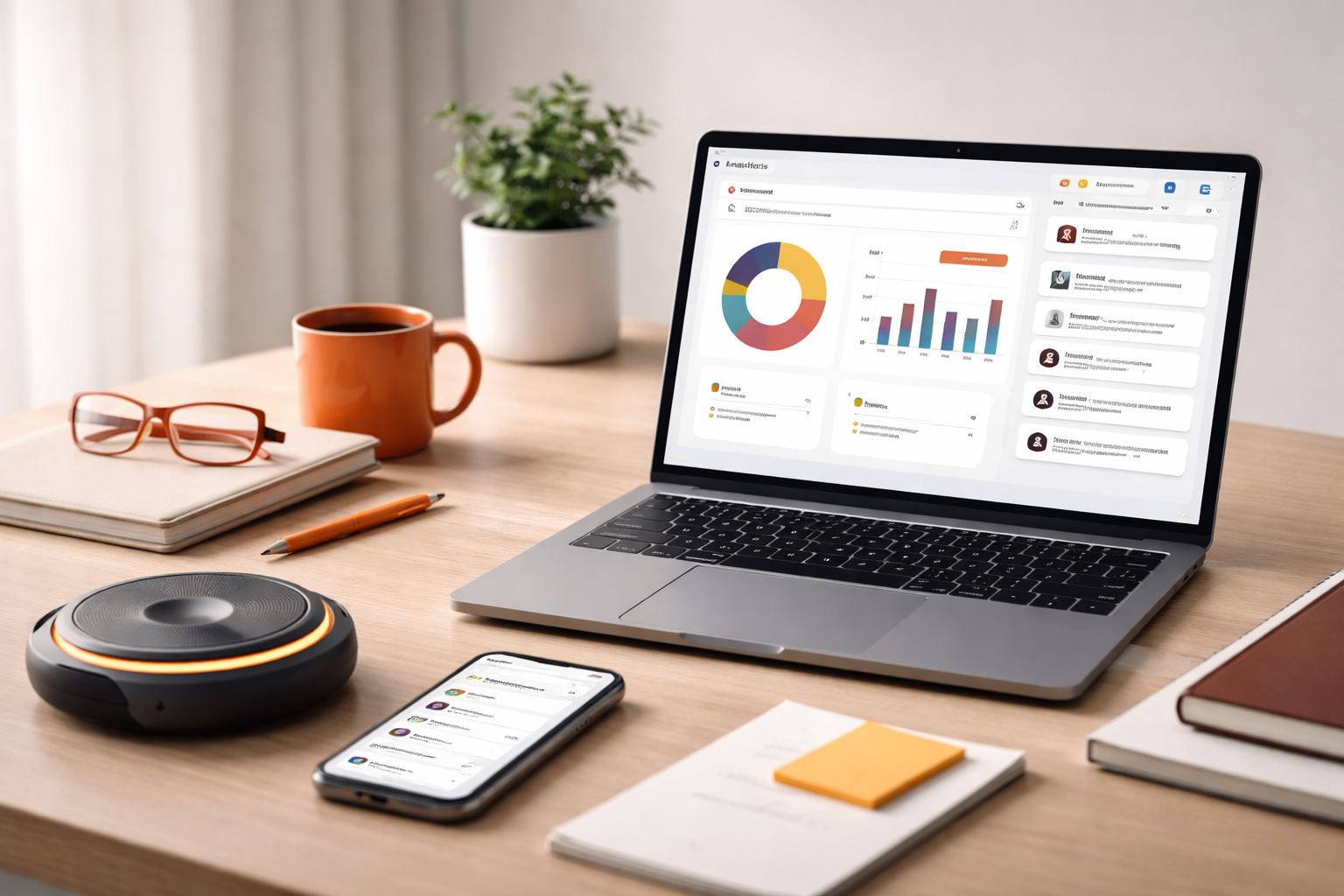 Komunikasi internal tingkatkan engagement: tampilan meja kerja minimalis dengan dashboard analitik, notifikasi channel tim, dan perangkat kolaborasi beraksen orange–maroon.