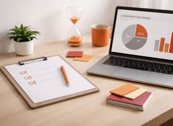 Ilustrasi meja kerja minimalis untuk kesiapan kepemimpinan supervisor: checklist pengembangan, dashboard analitik, dan aksen warna orange–maroon untuk rencana penutupan gap 60 hari.