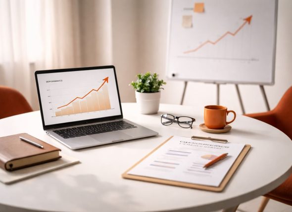 Coaching tingkatkan kinerja tim: setup ruang kerja minimalis dengan laptop menampilkan tren performa naik, notebook, dan aksen warna orange–maroon tanpa kehadiran manusia.