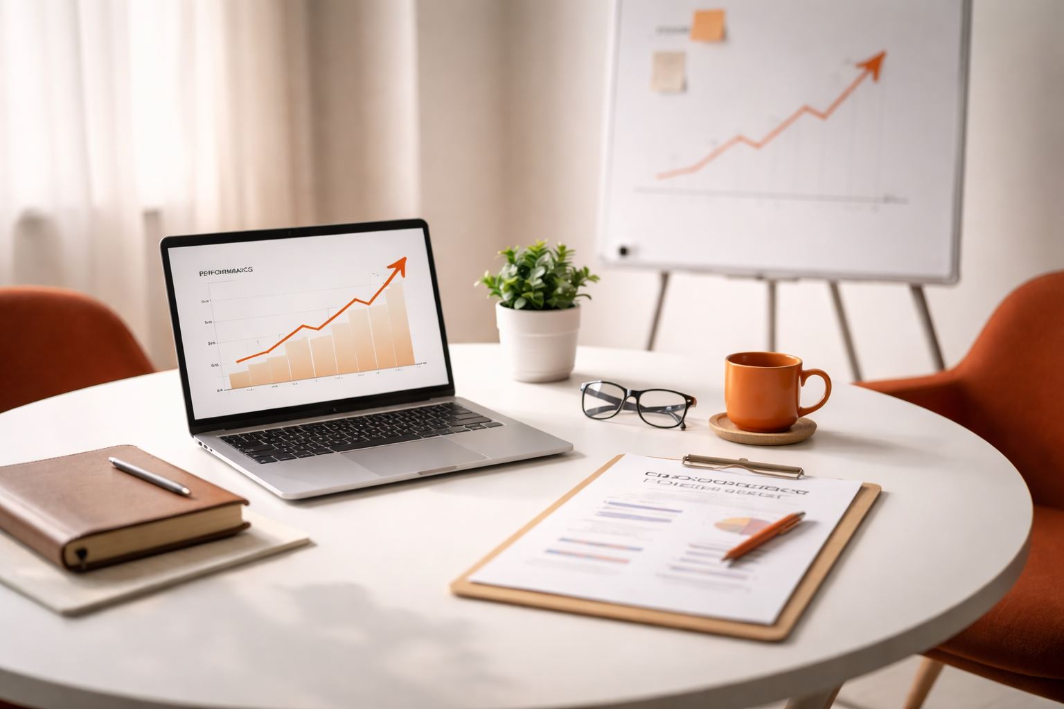 Coaching tingkatkan kinerja tim: setup ruang kerja minimalis dengan laptop menampilkan tren performa naik, notebook, dan aksen warna orange–maroon tanpa kehadiran manusia.