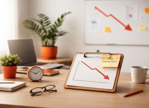 Ilustrasi minimalist penurunan engagement manajer turun 2025: tren menurun pada dashboard kerja, menggambarkan dampak pada produktivitas tim.
