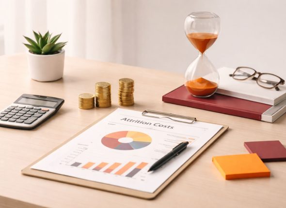 Ilustrasi minimalist meja kerja HR dengan grafik dan kalkulator untuk menghitung biaya attrition serta merancang taktik menekan churn karyawan.