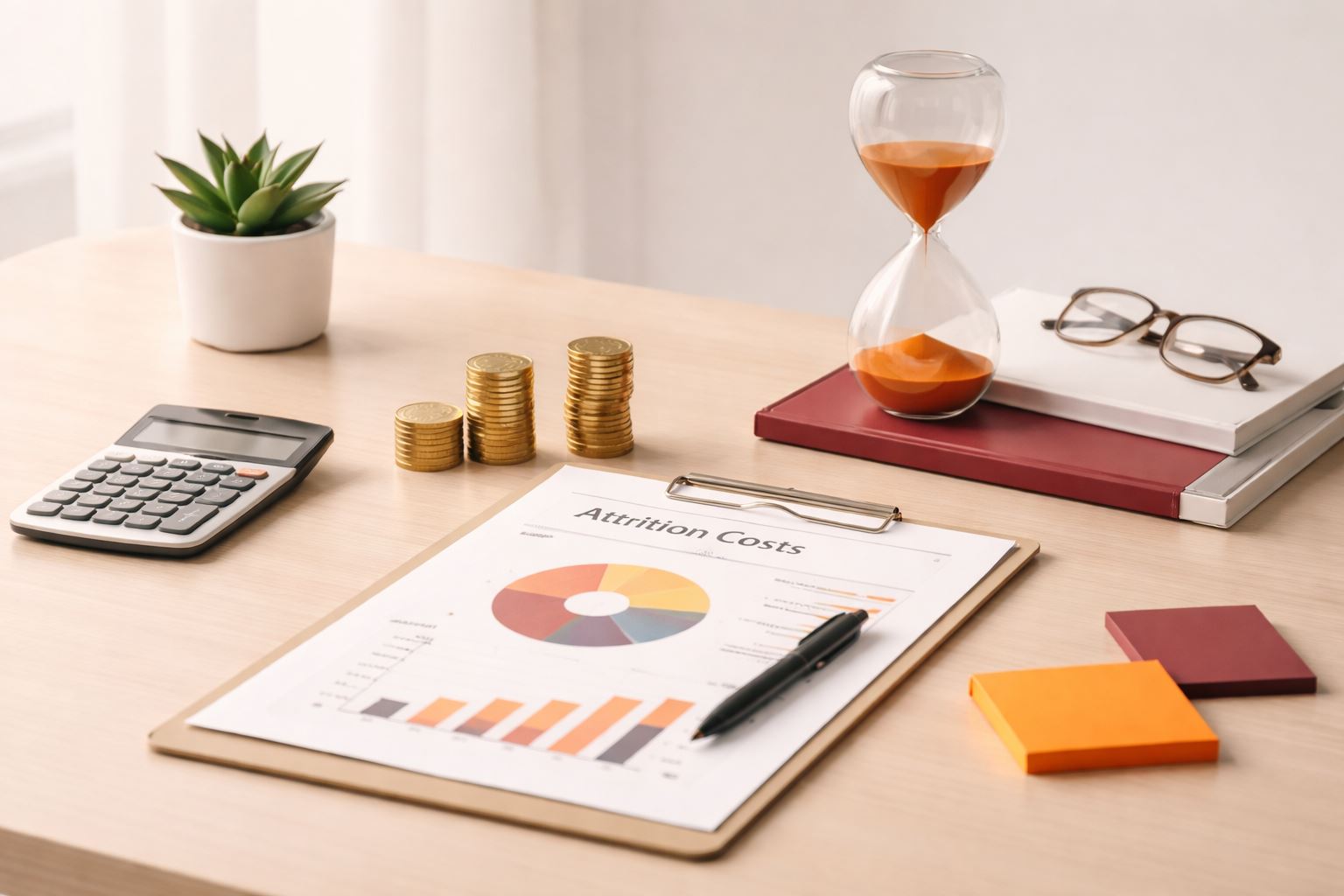 Ilustrasi minimalist meja kerja HR dengan grafik dan kalkulator untuk menghitung biaya attrition serta merancang taktik menekan churn karyawan.