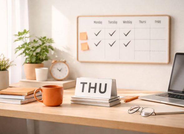 Workspace minimalis tanpa manusia dengan kalender empat hari kerja produktif, laptop, cangkir kopi oranye, dan aksen maroon—mewakili meeting diet dan fokus kerja beroutput tinggi.