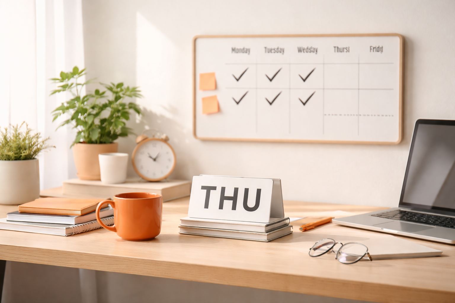 Workspace minimalis tanpa manusia dengan kalender empat hari kerja produktif, laptop, cangkir kopi oranye, dan aksen maroon—mewakili meeting diet dan fokus kerja beroutput tinggi.