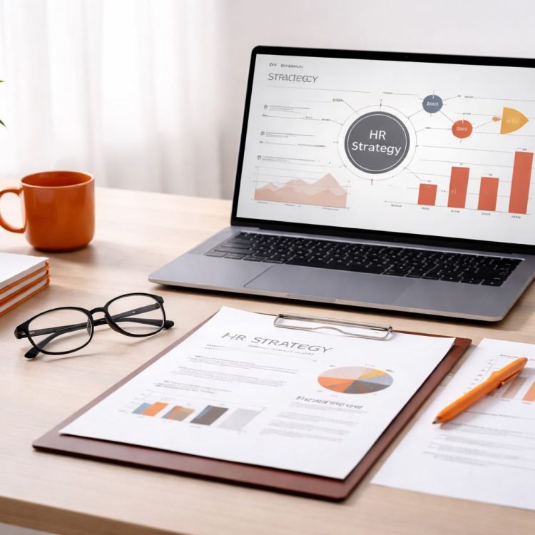 Meja kerja minimalis dengan laptop dan dokumen analitik untuk menyelaraskan strategi SDM bisnis dan target organisasi 2026, nuansa orange–maroon.