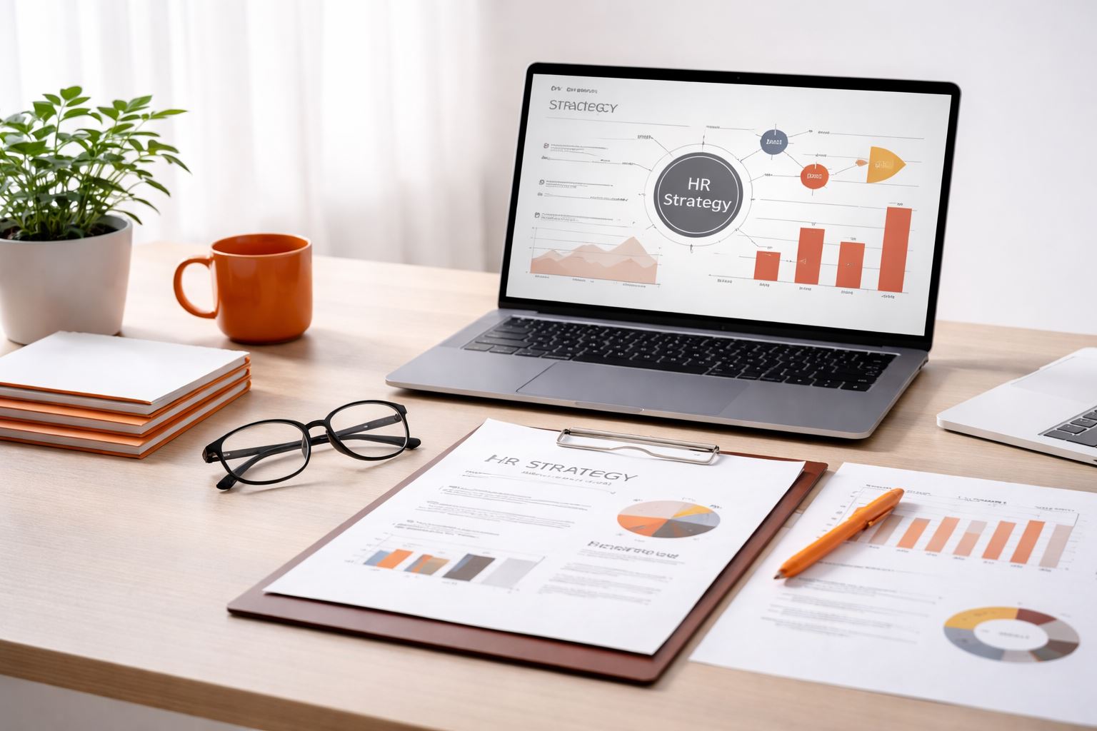 Meja kerja minimalis dengan laptop dan dokumen analitik untuk menyelaraskan strategi SDM bisnis dan target organisasi 2026, nuansa orange–maroon.
