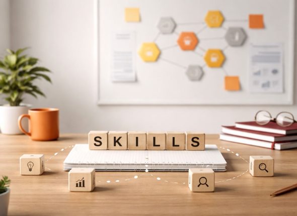 Ilustrasi workspace minimalist yang memvisualisasikan membangun organisasi berbasis skill melalui peta keterampilan dan elemen kerja strategis, dengan aksen orange dan maroon.