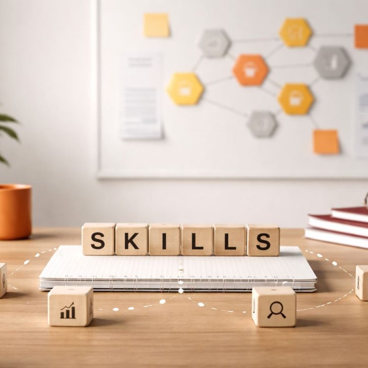 Ilustrasi workspace minimalist yang memvisualisasikan membangun organisasi berbasis skill melalui peta keterampilan dan elemen kerja strategis, dengan aksen orange dan maroon.