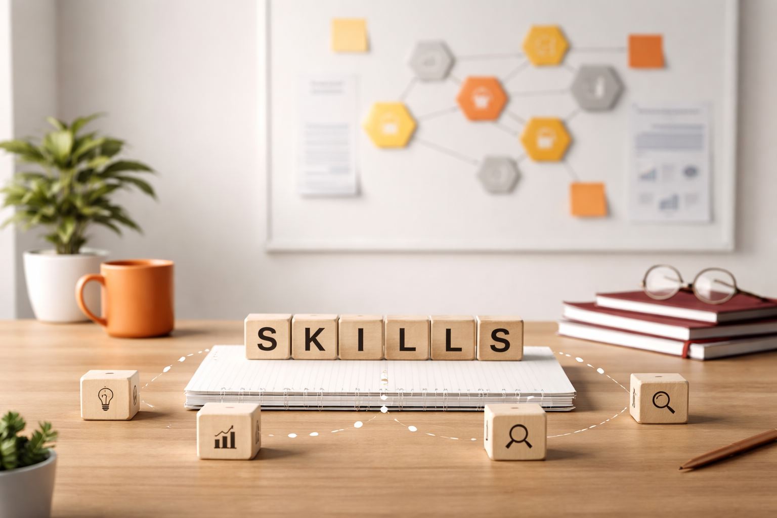 Ilustrasi workspace minimalist yang memvisualisasikan membangun organisasi berbasis skill melalui peta keterampilan dan elemen kerja strategis, dengan aksen orange dan maroon.