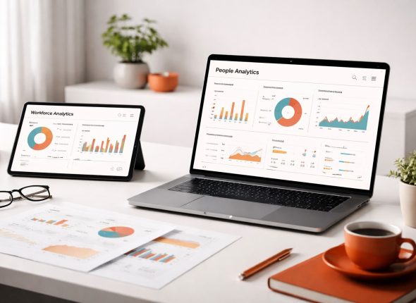 Workspace people analytics berbasis bukti: dashboard analitik SDM di laptop dan tablet, laporan ringkas di meja minimalis dengan aksen orange–maroon untuk keputusan SDM yang terukur.