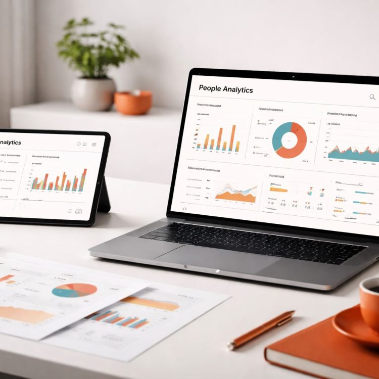 Workspace people analytics berbasis bukti: dashboard analitik SDM di laptop dan tablet, laporan ringkas di meja minimalis dengan aksen orange–maroon untuk keputusan SDM yang terukur.