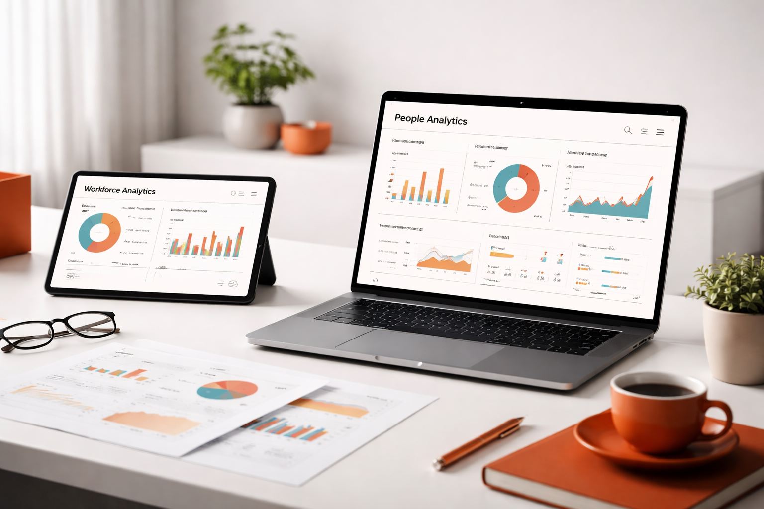 Workspace people analytics berbasis bukti: dashboard analitik SDM di laptop dan tablet, laporan ringkas di meja minimalis dengan aksen orange–maroon untuk keputusan SDM yang terukur.