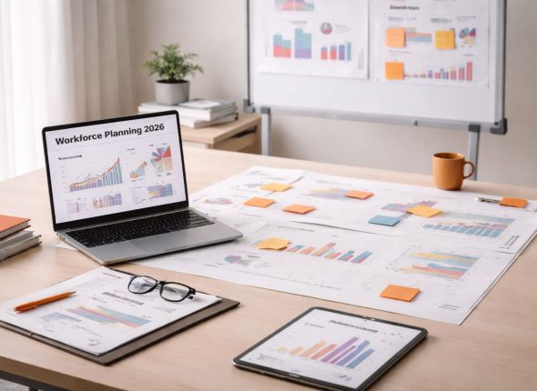 Strategic workforce planning 2026: meja kerja minimalis dengan laptop analitik, blueprint forecast, dan sticky notes aksen orange–maroon untuk scenario planning dan antisipasi skill gap.