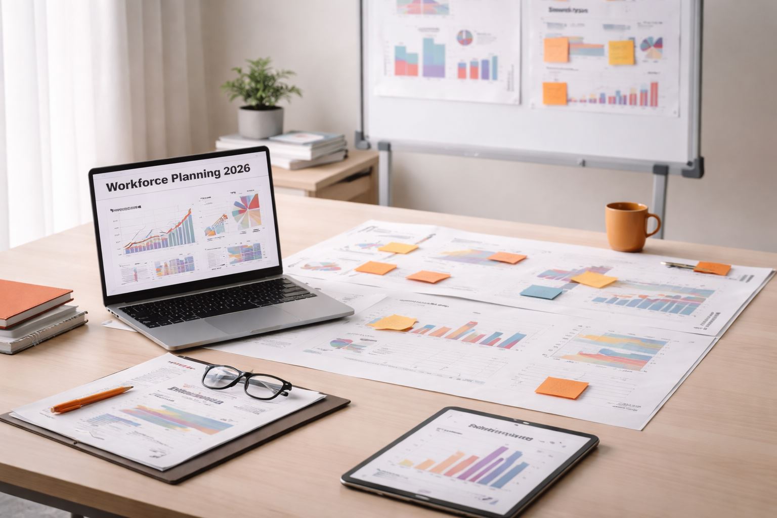 Strategic workforce planning 2026: meja kerja minimalis dengan laptop analitik, blueprint forecast, dan sticky notes aksen orange–maroon untuk scenario planning dan antisipasi skill gap.