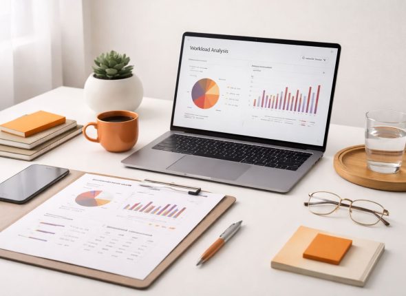 Ilustrasi workspace analitik dengan dashboard dan laporan sebagai contoh metode analisis beban kerja berbasis data untuk memetakan distribusi tugas dan kapasitas kerja.