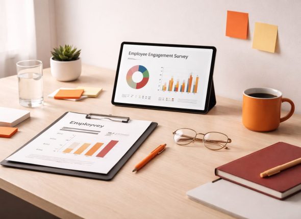 Workspace minimalist untuk analisis survei engagement dengan fokus tindak lanjut survei engagement: tablet menampilkan grafik, clipboard laporan, sticky notes, dan notebook aksen orange–maroon.