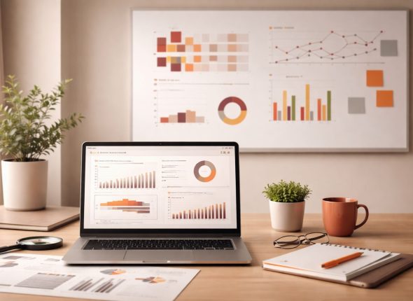 Mengatasi culture atrophy organisasi dengan pendekatan berbasis data: workspace minimalist menampilkan dashboard analitik dan visual KPI bernuansa orange–maroon untuk memulihkan budaya kerja dan meningkatkan kinerja.