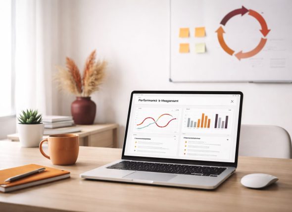 Workspace minimalis dengan laptop menampilkan dashboard kinerja untuk performance management continuous feedback, aksen orange–maroon, suasana agile dan rapi tanpa manusia.