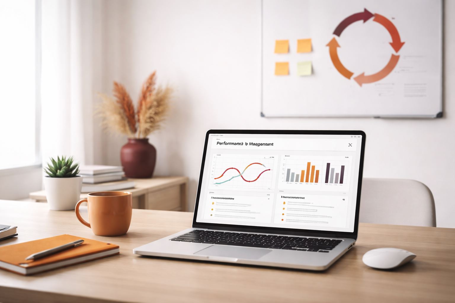 Workspace minimalis dengan laptop menampilkan dashboard kinerja untuk performance management continuous feedback, aksen orange–maroon, suasana agile dan rapi tanpa manusia.