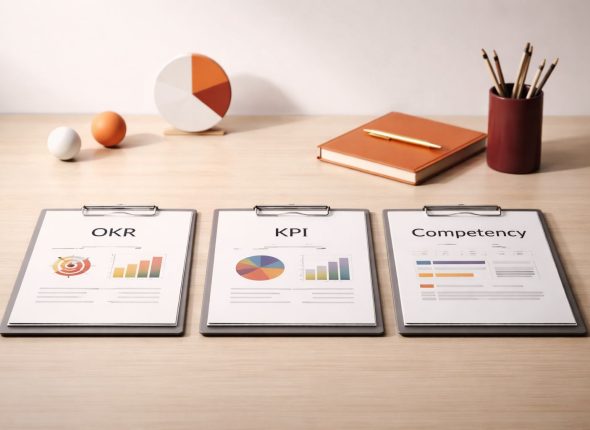 Memilih OKR KPI kompetensi untuk perusahaan Indonesia: workspace minimalist dengan dokumen kerangka kinerja dan aksen warna maroon-oranye.