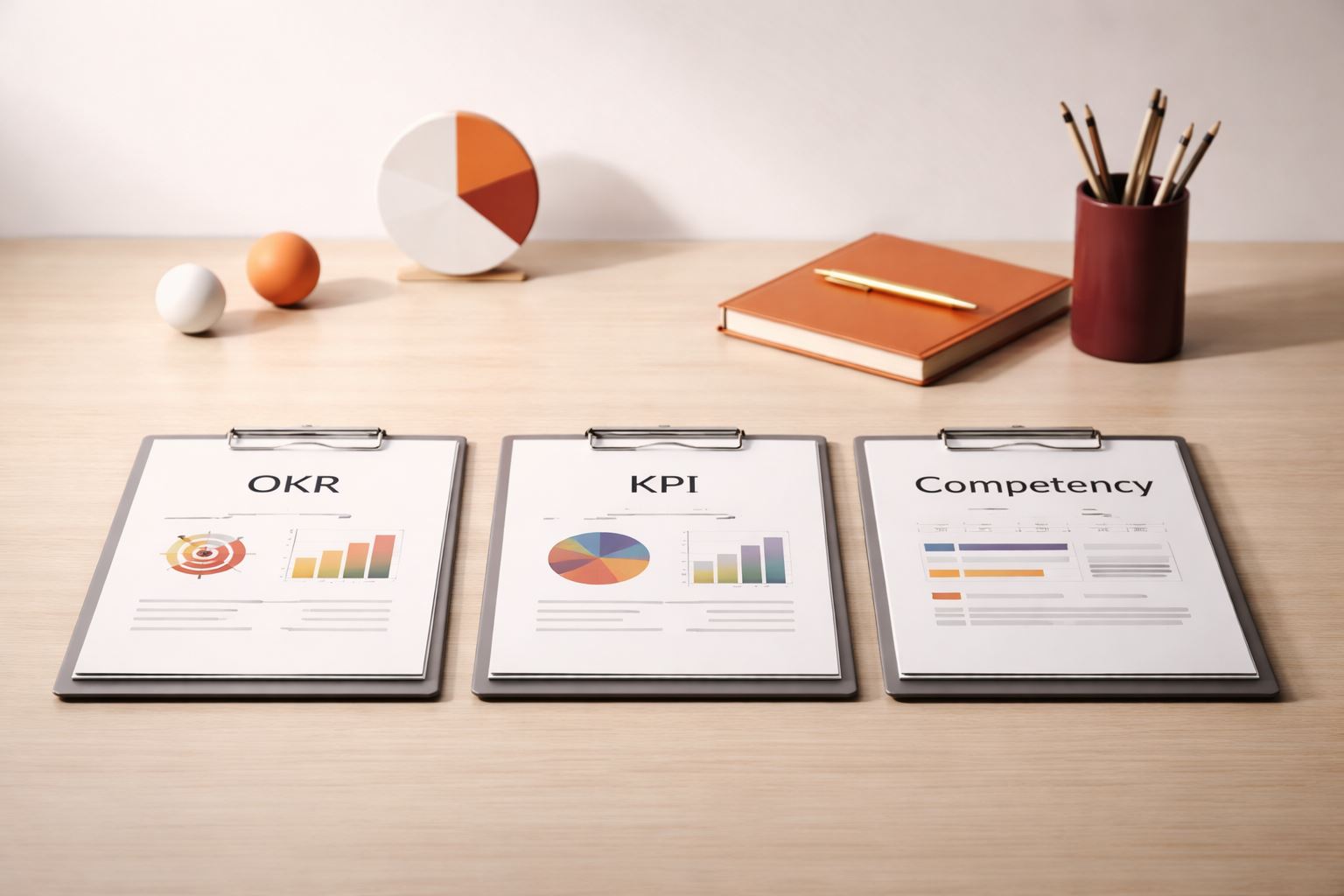 Memilih OKR KPI kompetensi untuk perusahaan Indonesia: workspace minimalist dengan dokumen kerangka kinerja dan aksen warna maroon-oranye.