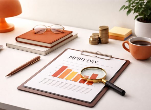 Ilustrasi minimalist strategi reward merit pay: evaluasi kinerja berbasis data untuk menghindari “peanut butter raises” dan membangun kenaikan gaji yang adil.