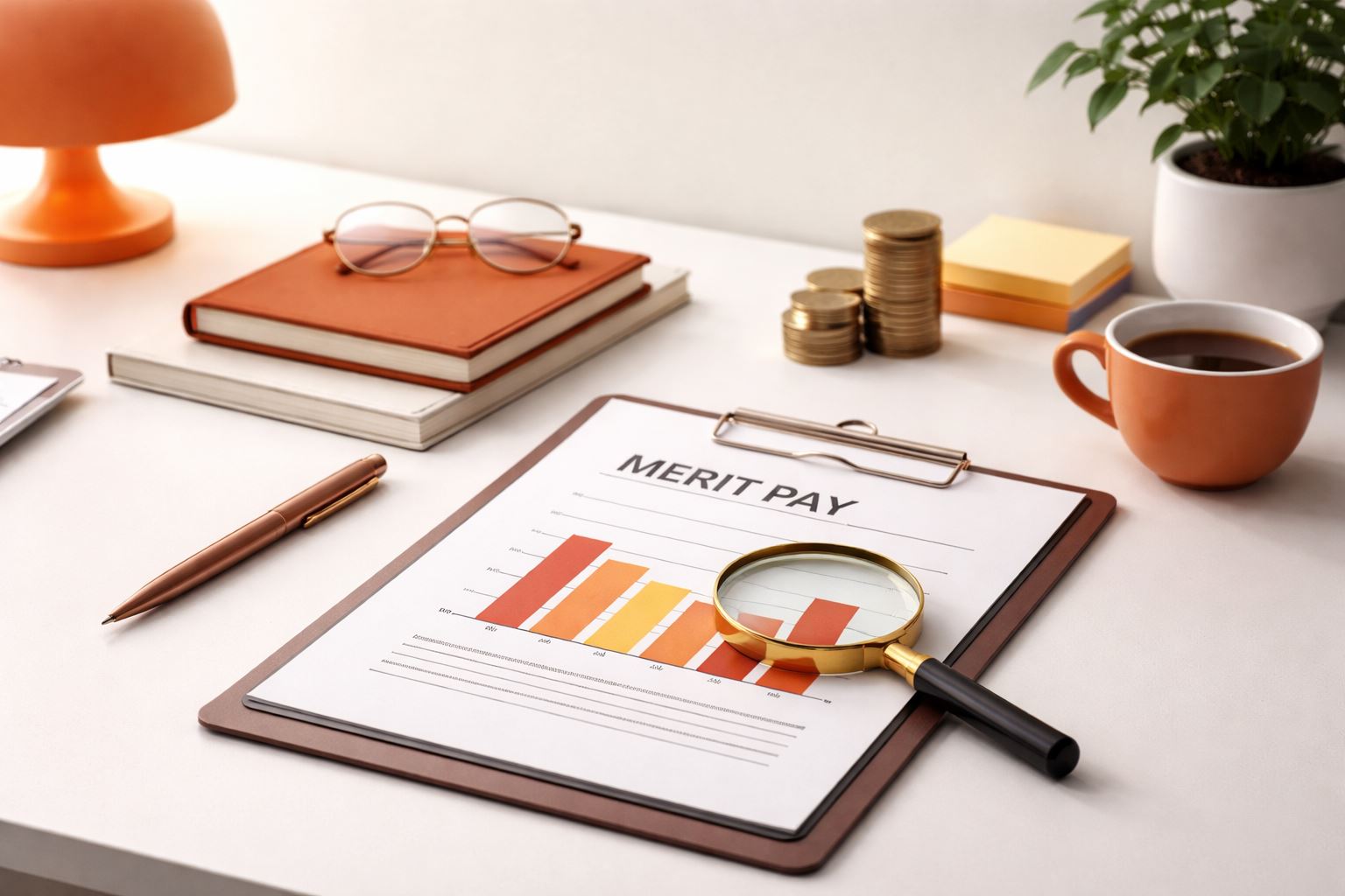 Ilustrasi minimalist strategi reward merit pay: evaluasi kinerja berbasis data untuk menghindari “peanut butter raises” dan membangun kenaikan gaji yang adil.
