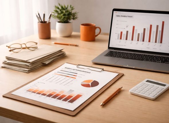 Praktik pay transparency efektif: meja kerja minimalis dengan laporan struktur gaji dan grafik kompensasi bernuansa orange–maroon, menonjolkan desain salary band yang kredibel.