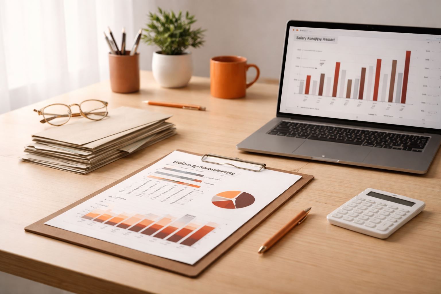 Praktik pay transparency efektif: meja kerja minimalis dengan laporan struktur gaji dan grafik kompensasi bernuansa orange–maroon, menonjolkan desain salary band yang kredibel.