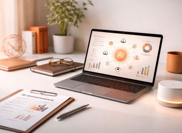 Tata kelola AI di HR: meja kerja minimalis dengan laptop menampilkan dashboard analitik dan dokumen governance untuk membangun trust karyawan