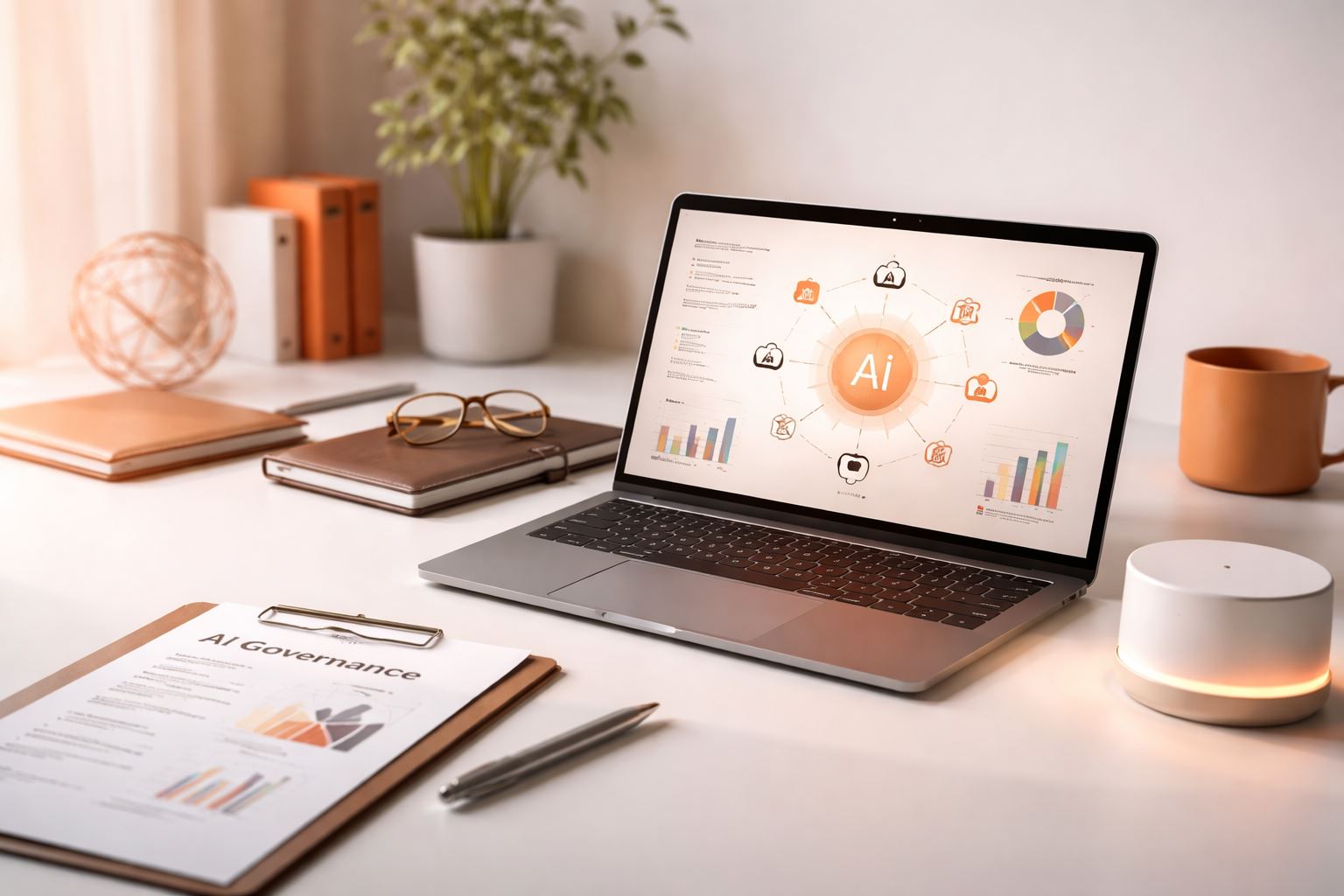 Tata kelola AI di HR: meja kerja minimalis dengan laptop menampilkan dashboard analitik dan dokumen governance untuk membangun trust karyawan