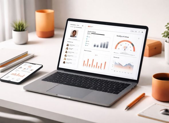 Ilustrasi AI talent acquisition terukur: dashboard analitik rekrutmen untuk screening CV, scoring kandidat, dan evaluasi quality of hire berbasis data.